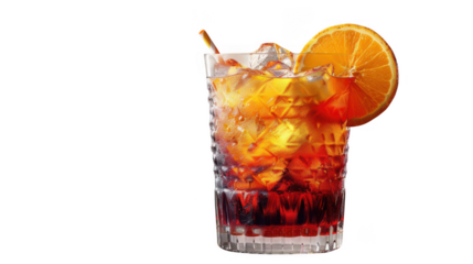 Screwdriver cocktail with orange wheel garnish transparent PNG isolated background. Mixology, bar menu, colorful vibrant refreshing drink in highball glass.