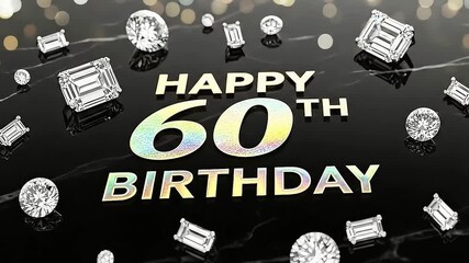 A sophisticated 60th birthday message surrounded by brilliant diamonds on a sleek black marble surface, complemented by festive bokeh lights.