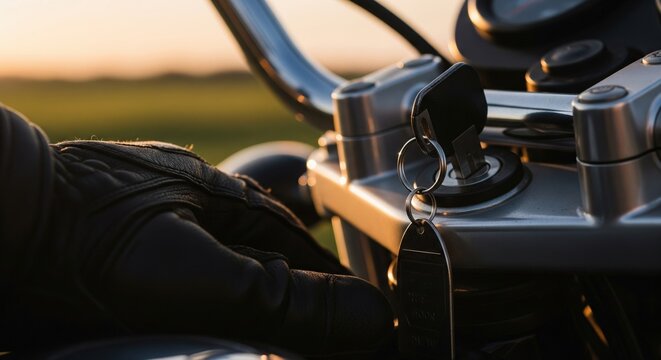Motorcycle ignition with key and a gloved hand at sunset a close up of a biker's journey