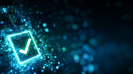 Digital technology background with a checkmark icon, glowing digital screen, vector illustration. Digital concept for business or web design.hologram, abstract, dark blue background