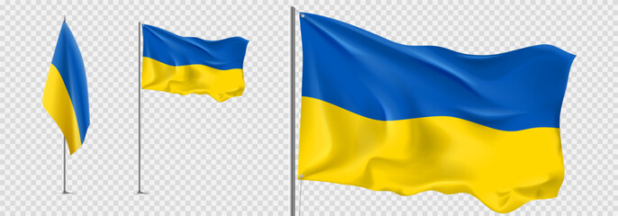 Set of realistic Ukrainian flags. Flags of Ukraine isolated on checkered background. Templates of flags for decoration Ukrainian events. White, blue and red symbols of Ukrainie. Vector illustration.