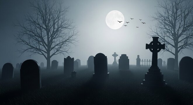 A graveyard scene at night with tombstones, crosses, bare trees, and birds flying in front of a full moon in a misty, atmospheric setting.