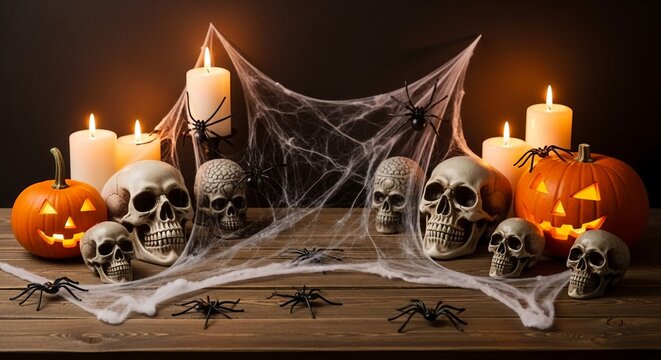 Halloween still life featuring carved pumpkins, skulls, lit candles, spiderwebs, and spider decorations on a wooden surface against a dark background.