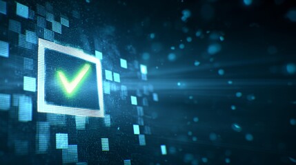 Digital technology background with a checkmark icon, glowing digital screen, vector illustration. Digital concept for business or web design.hologram, abstract, dark blue background