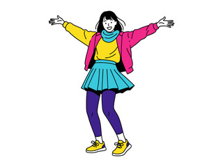 Joyful Greeting: A cheerful illustration depicts a woman with open arms, radiating positivity, welcoming a delightful and optimistic moment. 