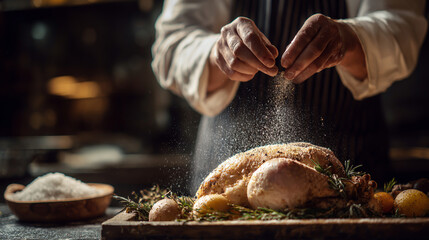 Chef seasoning a whole roasted chicken with herbs and spices