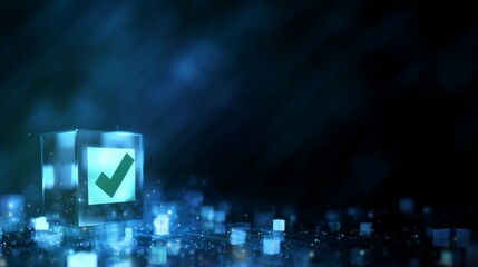 Digital technology background with a checkmark icon, glowing digital screen, vector illustration. Digital concept for business or web design.hologram, abstract, dark blue background