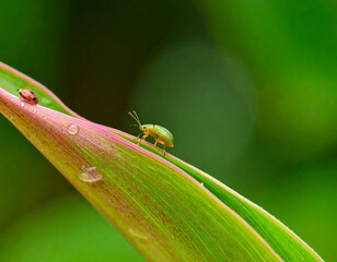 Fototapeta premium Tiny green beetle on vibrant leaf