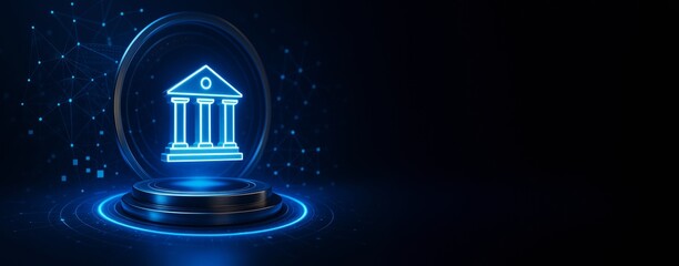 Futuristic digital banking icon with glowing blue lines on dark background with tech elements and circular platform for modern finance concept.