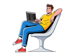 Code Comfort: A relaxed person sits comfortably, focused on their laptop screen. The setting highlights the balance between technology and ease.