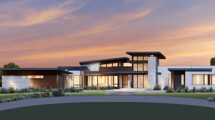 Fototapeta premium Modern architectural design of a stunning house at sunset, showcasing elegant features and landscaping