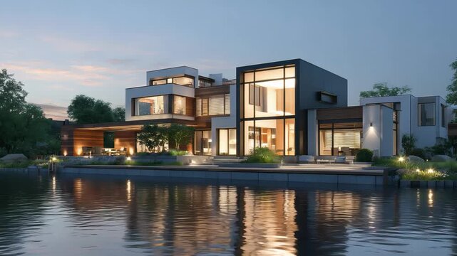 3d rendering of modern house by the river house, luxury, villa, modern, architecture, building, exterior, residential, property, designer