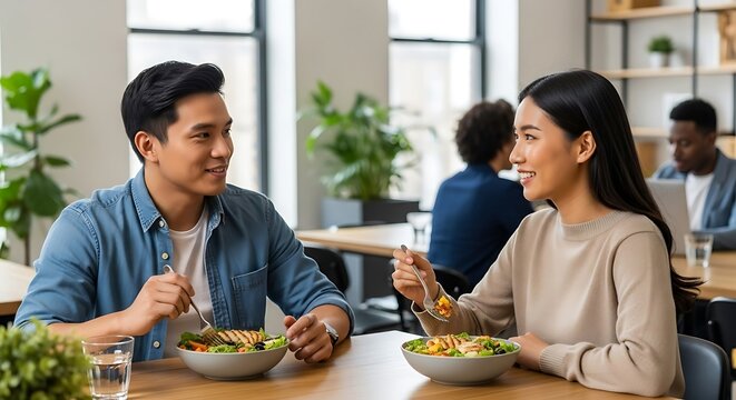 Young Asian Couple Enjoying Healthy Salad Lunch in Modern Cafe