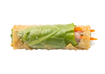 Close-up of a fresh sushi roll with ingredients visible inside and an arugula leaf on top on a