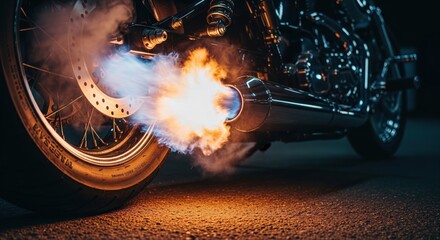 Custom motorcycle exhaust backfiring with hot blue flames on a dark asphalt road at night