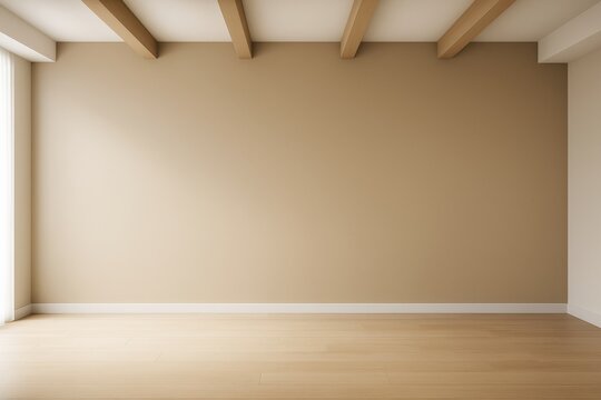 Fototapeta Empty beige interior room with wooden floor and beams, sunlight from window casting soft shadows, minimal clean design for copy space or mockup template.