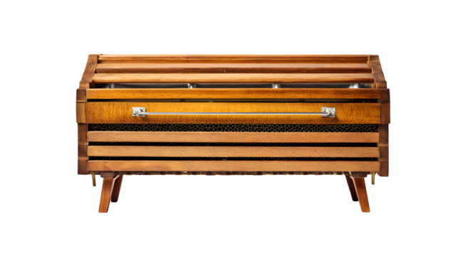 Vintage wooden instrument with metal accents and slatted design, perfect for musical or artisanal themes