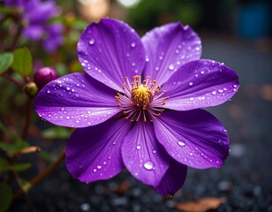 Fototapeta premium Vibrant Purple Flower Adorned with Sparkling Water Droplets in Stunning Macro Detail