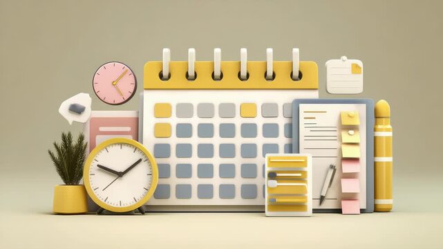 Calendar 3D illustration. Icon composition with calendar with scheduled dates and appointments, clock, to-do list with tasks, reminders and messages. Vector illustration for modern web design