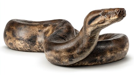 Obraz premium Brown snake coiled, showcasing scales with earthy tones on a clean white background
