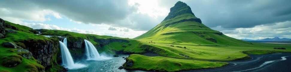 Obraz premium Emerald slopes cradle twin waterfalls, a towering Icelandic peak dominates the stormy sky , beautiful, vegetation, vibrant