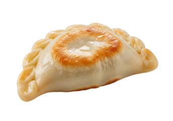 Close-up of a freshly baked savory calzone with golden cheese topping on a black background