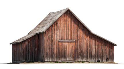 Rustic weathered red wooden barn structure with weathered roof, evoking vintage farm or country charm