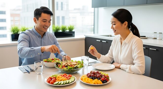 Healthy Asian Couple Enjoying Salad and Fruit Lunch in Modern Kitchen