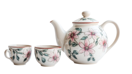 • A ceramic tea pot and matching cups for Mother’s Day, isolated on white background in HD 