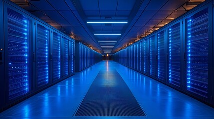 A long corridor of futuristic blue server racks with a glowing ceiling in a data center