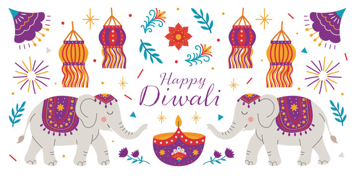 Happy Diwali festival illustration with cute elephants, traditional diya lamp, paper lantern, flowers and firework. Indian holiday greeting card design. Vector banner isolated on white background.