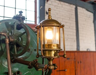 Vintage Brass Lantern Illuminating an Industrial Setting with Steampunk Aesthetics