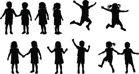 Silhouette vector illustration displaying a large collection of diverse business people in various professional poses, standing, sitting, and interacting, against a plain white background.