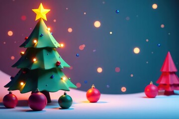 Obraz premium Low-poly festive scene with simplified Christmas tree and ornaments , pattern, blue, tree