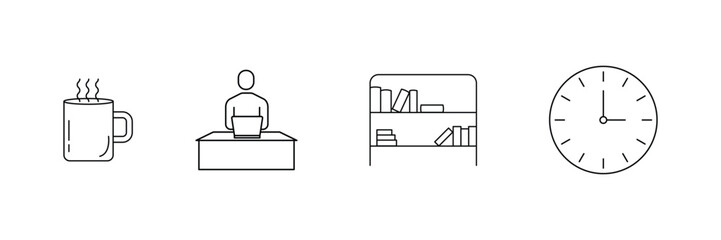 Office work, coffee break, reading book, library shelf, meeting time, productivity clock outline icon vector illustration for corporate workspace and professional environment.