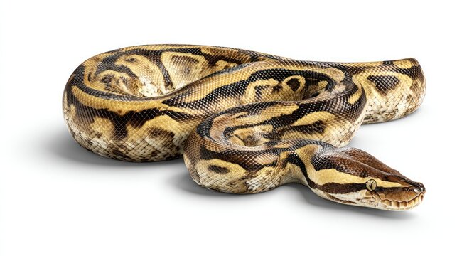 Coiled ball python with brown and tan pattern on white background with drop shadow