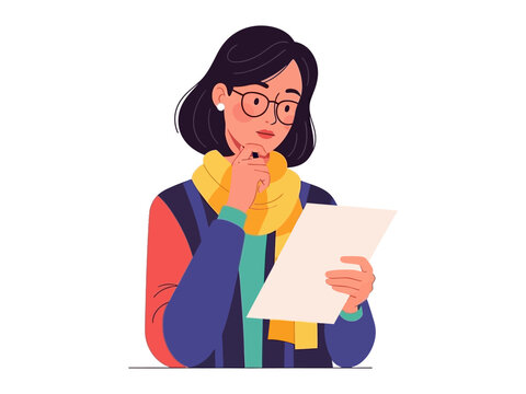 Thoughtful Lady in a Scenario: This illustration depicts a thoughtful lady, dressed in contemporary attire, engrossed in reviewing a document, her demeanor suggesting deep contemplation and focus. 