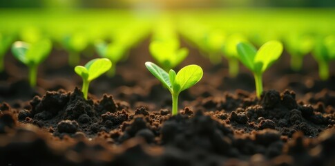 Rows of delicate lettuce seedlings sprout in fertile soil , seedling stage, vegetable, shoots