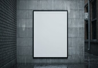 Empty modern poster frame on wet urban brick wall during rainy day, perfect for advertising