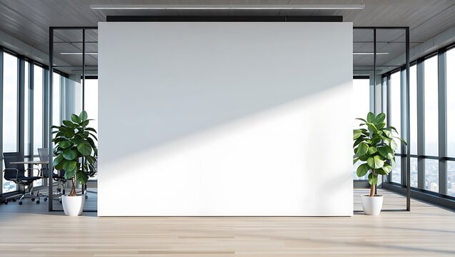 Modern office interior with a large blank white wall, plants, and natural light creating a clean and professional space for business presentations