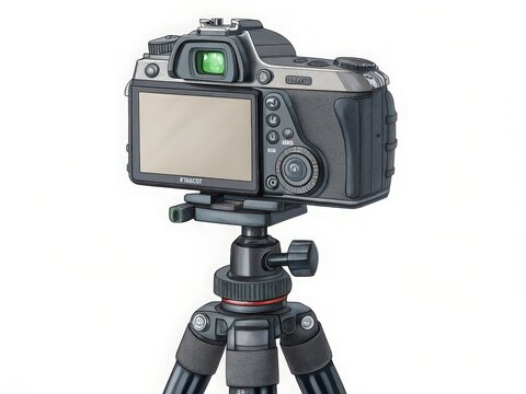 Digital camera mounted on a tripod isolated on white background - Powered by Adobe