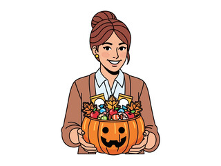 The Harvest's Sweet Embrace: A young woman smiles, offering a jack-o'-lantern filled with festive treats, symbolizing the sweetness and delight of the harvest season.