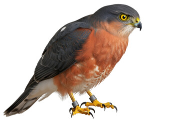 Close-up of a majestic hawk with vibrant plumage and piercing gaze isolated on black background