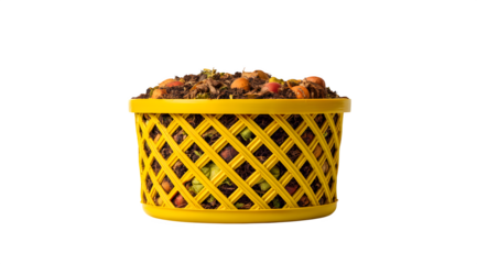 Bright yellow compost bin overflowing with organic kitchen scraps and soil, ready for sustainable gardening and waste reduction efforts.