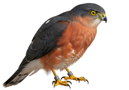 Close-up of a majestic hawk with vibrant plumage and piercing gaze isolated on black background