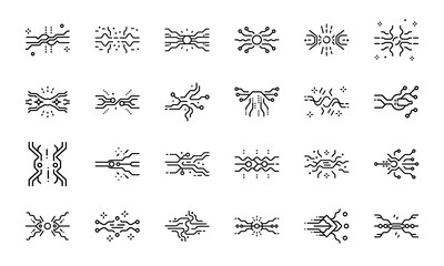 Abstract Technology Circuit Icons Set – Modern Digital Network, AI Connections, Data Flow, Neural Lines, Futuristic Tech Interface Symbols, Cybernetics and Electronic Chip Design Elements Collection.e