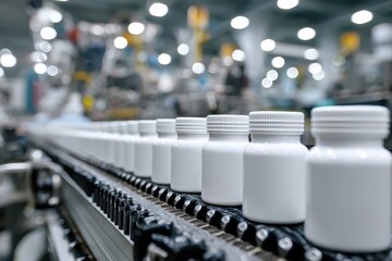 Fototapeta premium White plastic bottles advance along a conveyor belt in a factory setting. Use for illustrating pharmaceutical production, manufacturing, or medicine.