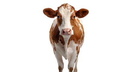 Striking close-up of a gentle brown and white cow with piercing blue eyes, looking directly ahead in a studio setting
