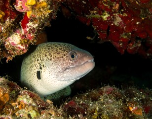 Eel in coral reef cave