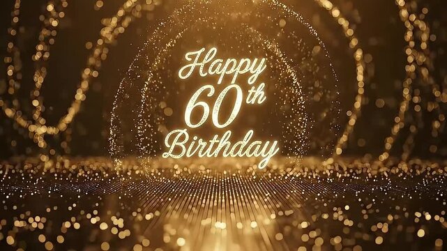 A radiant golden animation celebrates a significant 60th birthday milestone with elegant typography and shimmering particles, perfect for festive greetings and special occasions.